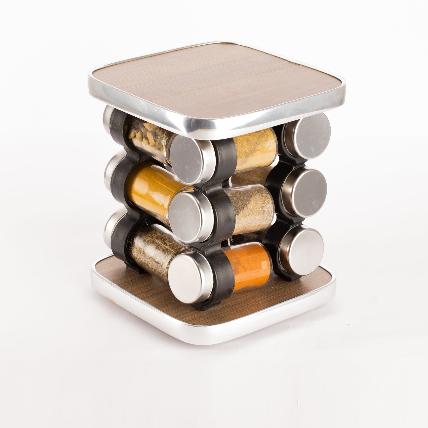 طقم توابل مربع دوار غطاء ستانلس فضي