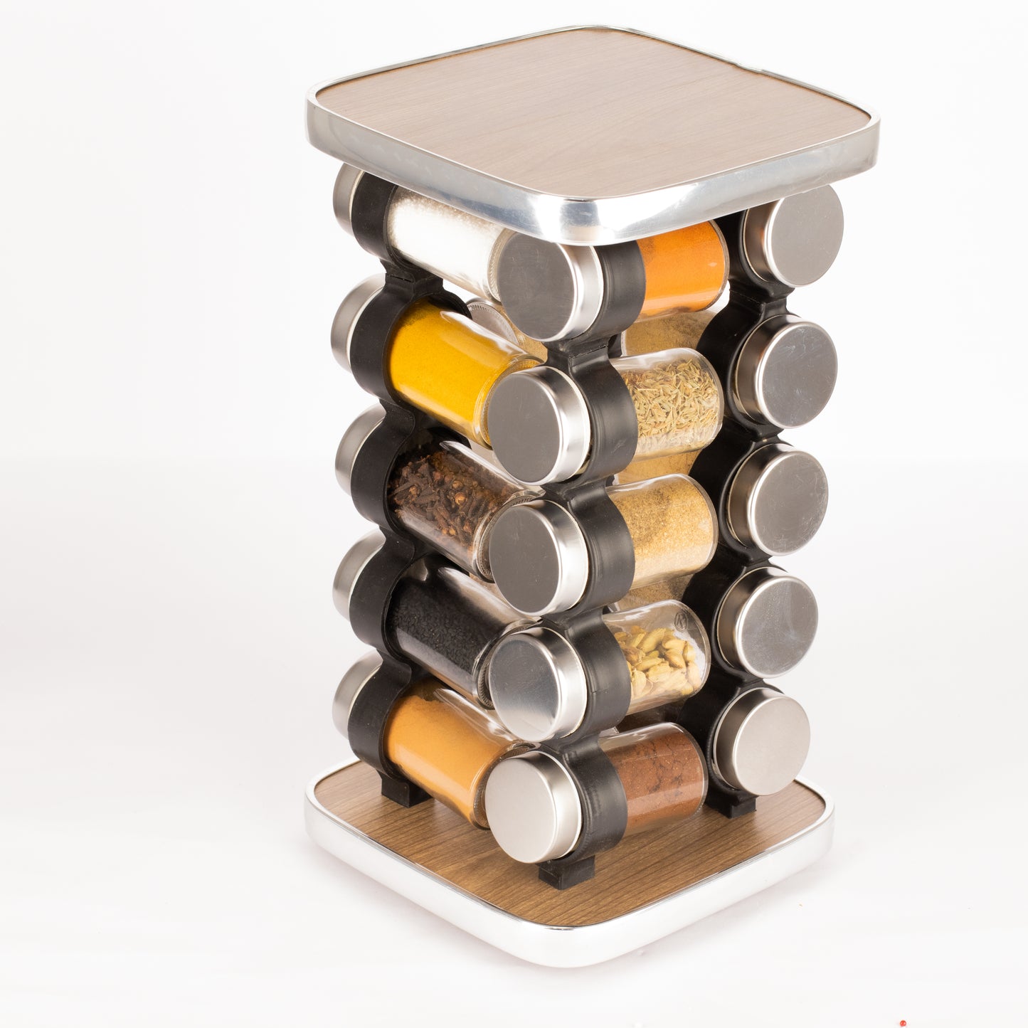 طقم توابل مربع دوار غطاء ستانلس فضي