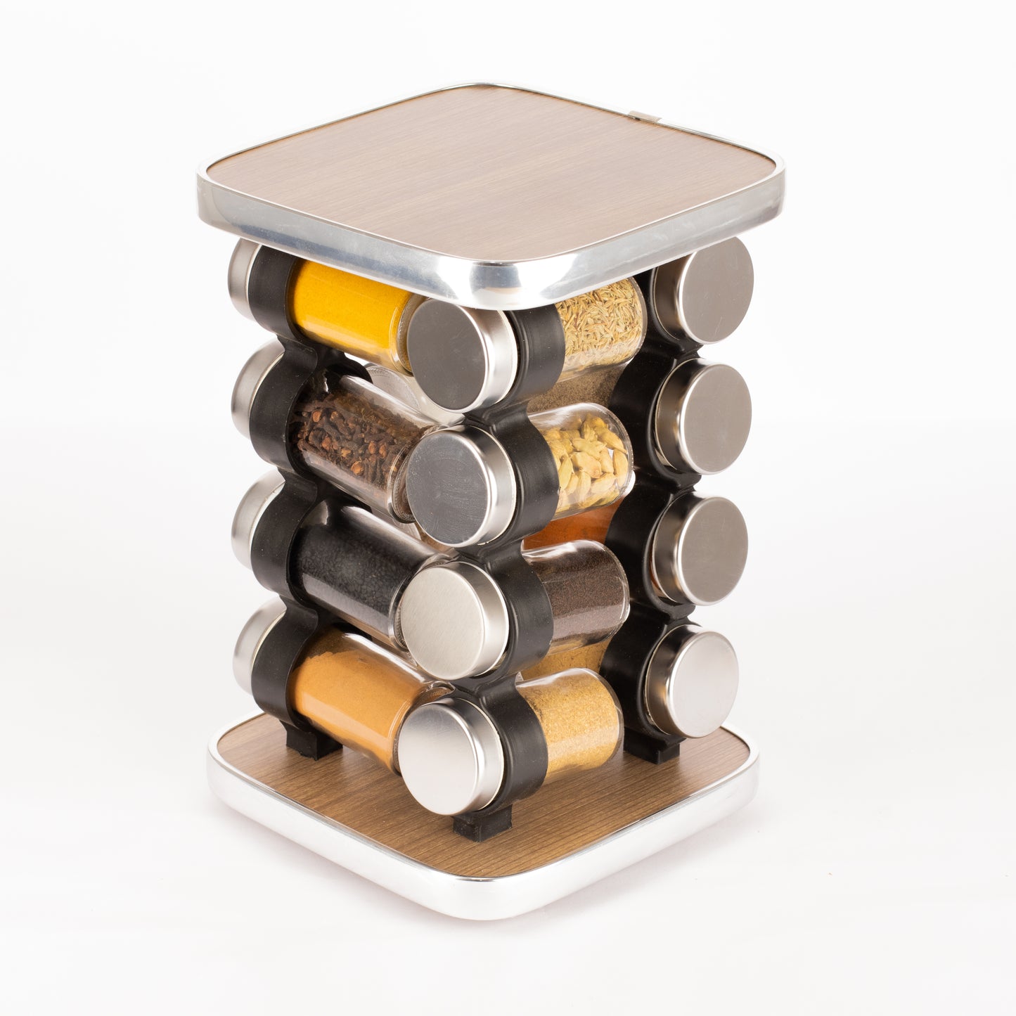 طقم توابل مربع دوار غطاء ستانلس فضي