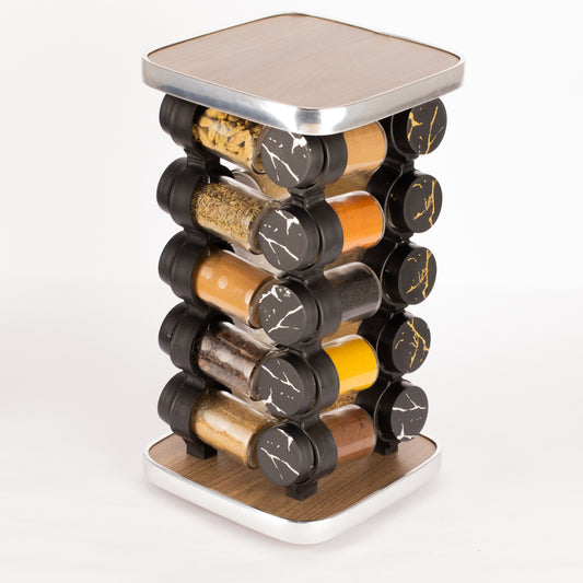 طقم توابل مربع دوار غطاء بلاستيك فضي