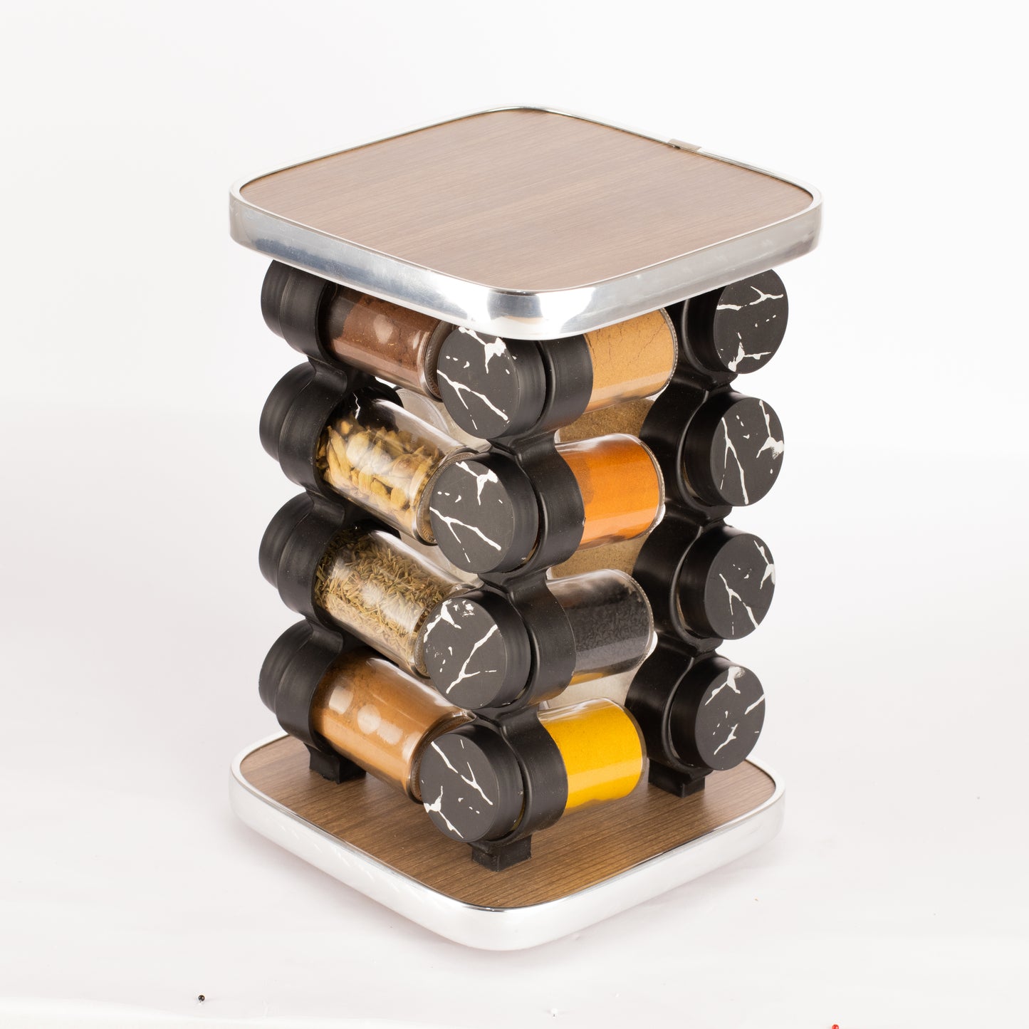 طقم توابل مربع دوار غطاء بلاستيك فضي