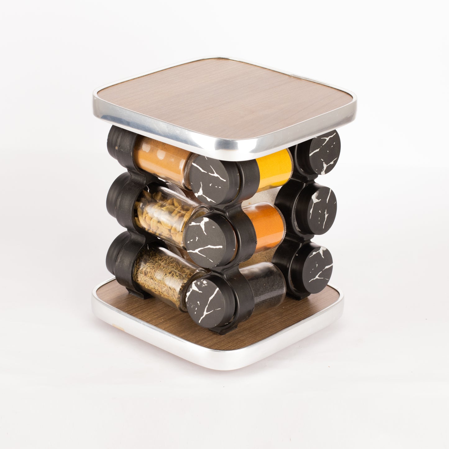 طقم توابل مربع دوار غطاء بلاستيك فضي